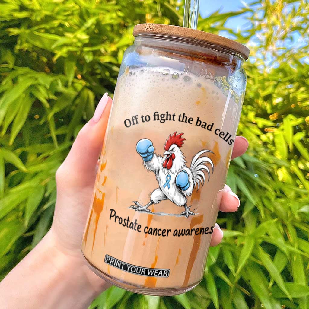 Prostate Cancer Awareness Glass Can Rooster Light Blue Ribbon Survivor Chemotherapy Gift