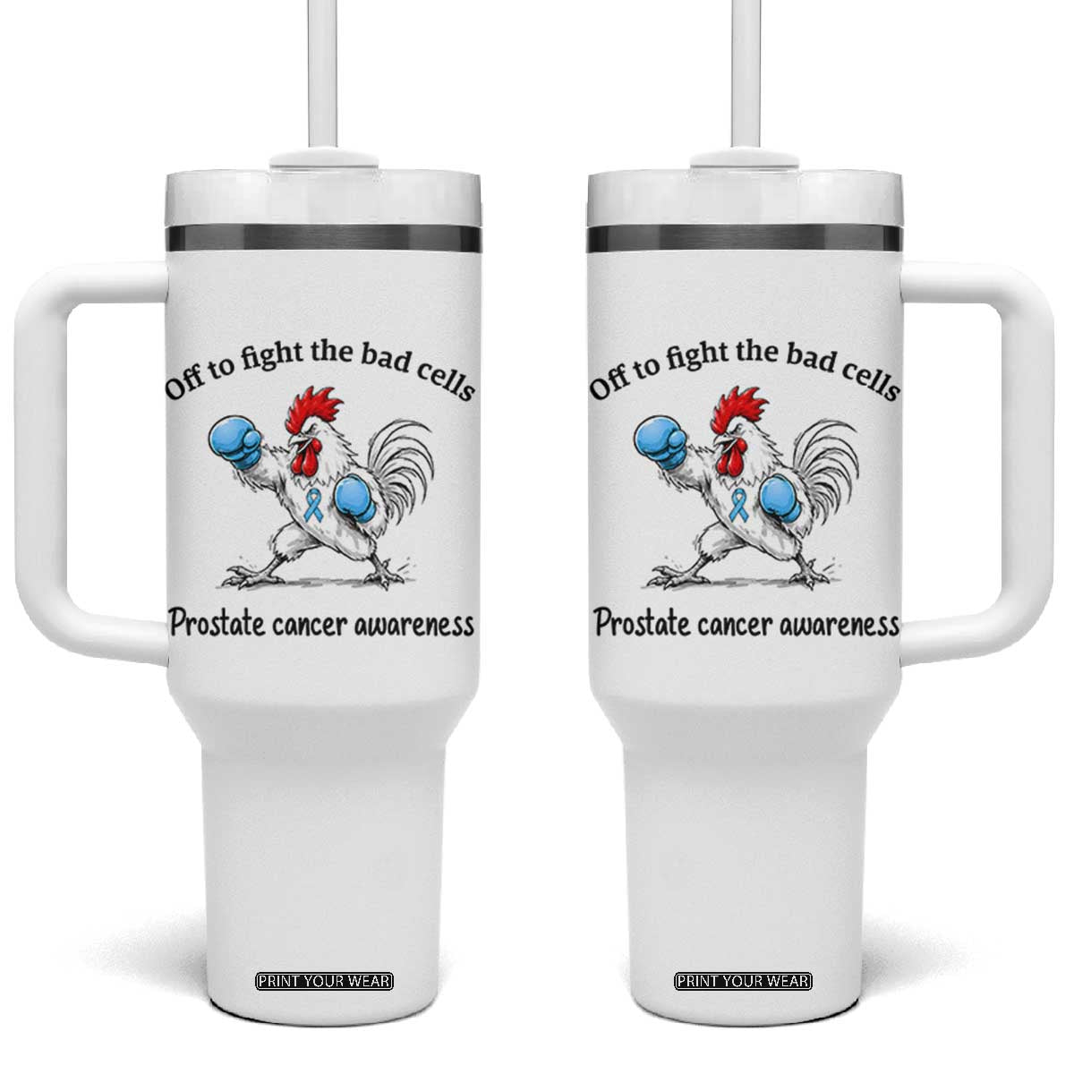 Prostate Cancer Awareness Tumbler With Handle Rooster Light Blue Ribbon Survivor Chemotherapy Gift