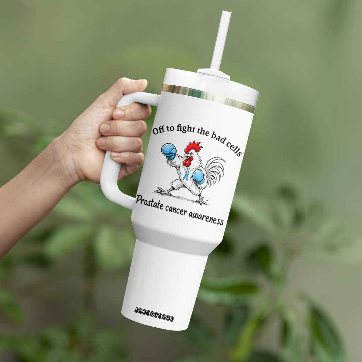 Prostate Cancer Awareness Tumbler With Handle Rooster Light Blue Ribbon Survivor Chemotherapy Gift