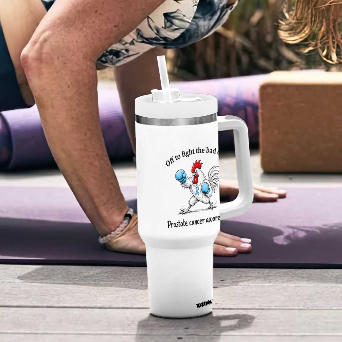 Prostate Cancer Awareness Tumbler With Handle Rooster Light Blue Ribbon Survivor Chemotherapy Gift
