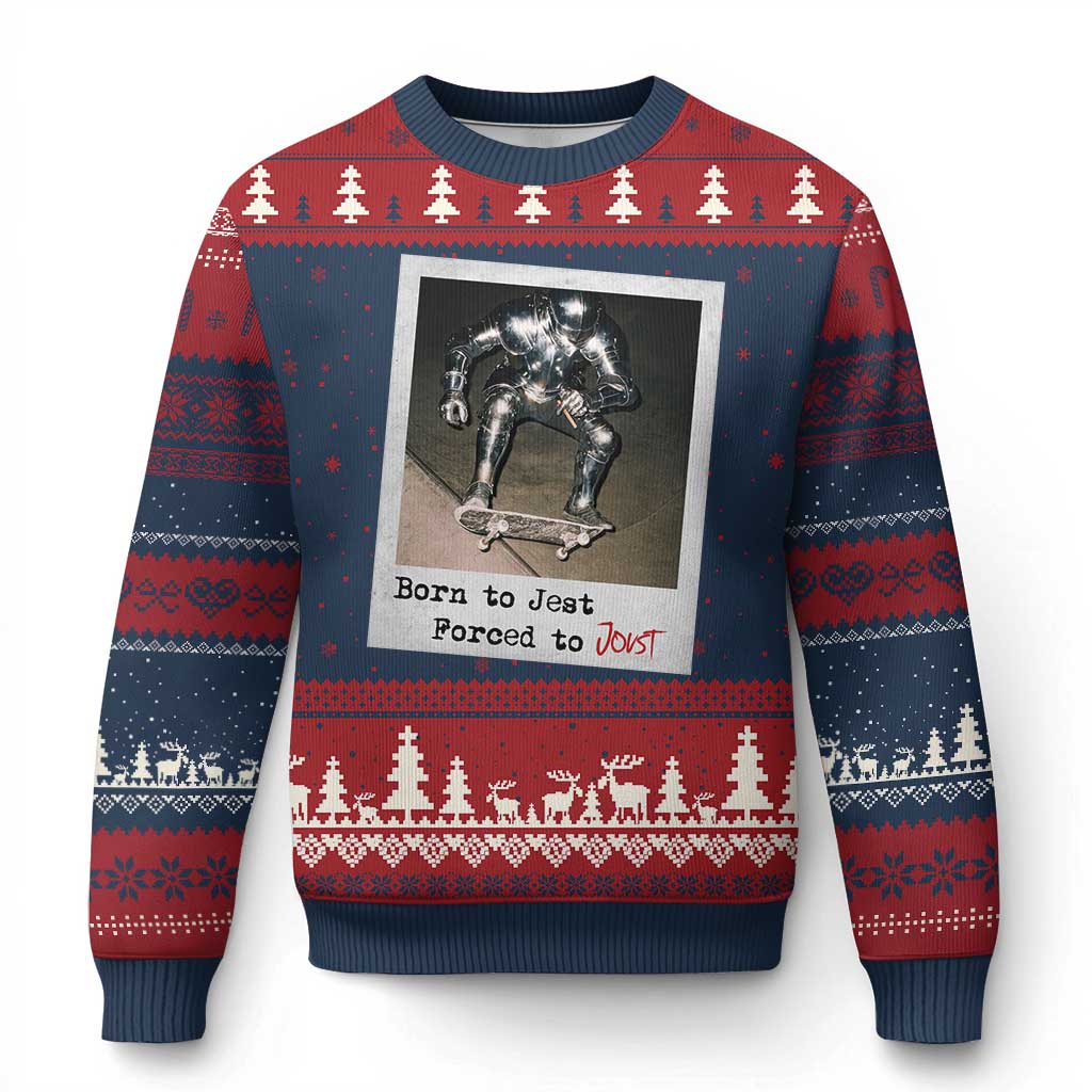 Knights Meme Ugly Christmas Sweater Born to Jest Forced to Joust TS10 Navy Red Print Your Wear