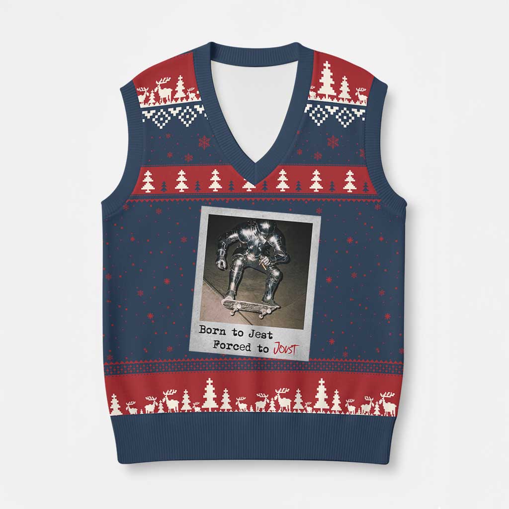 Knights Meme V-Neck Knit Sweater Vest Born to Jest Forced to Joust TS10 Navy Red Print Your Wear
