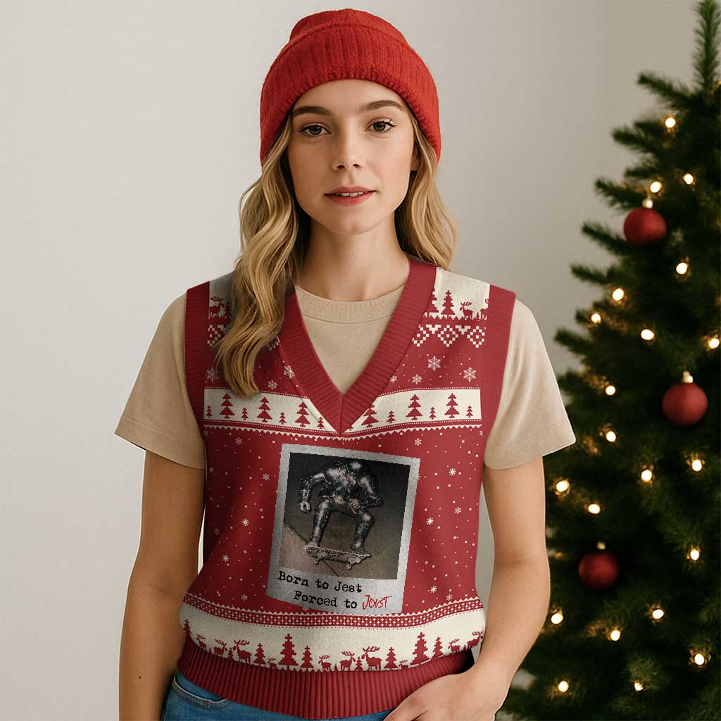 Knights Meme V-Neck Knit Sweater Vest Born to Jest Forced to Joust TS10 Red Beige Print Your Wear