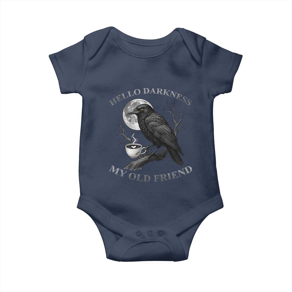 Funny Crow Coffee Baby Onesie Raven Spooky Halloween Hello Darkness My Old Friend TS10 Navy Print Your Wear