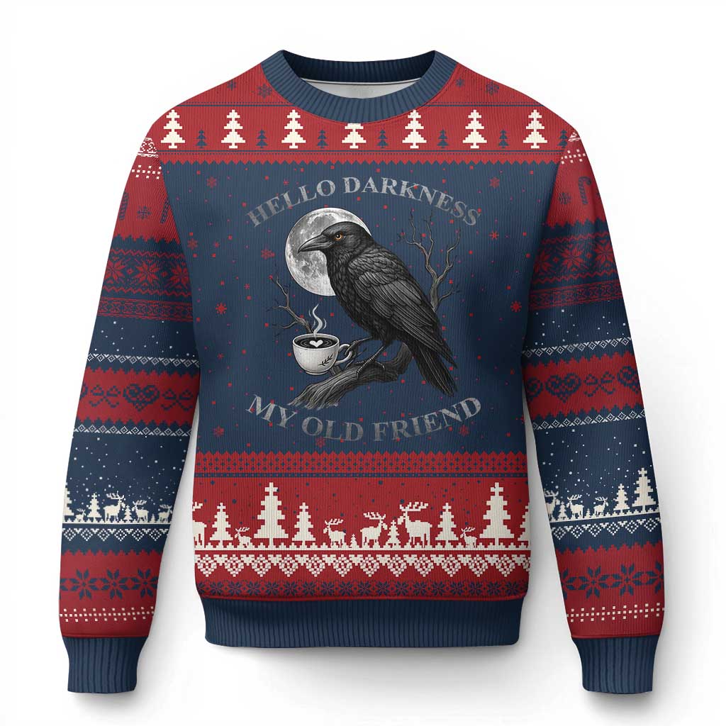 Funny Crow Coffee Ugly Christmas Sweater Raven Spooky Halloween Hello Darkness My Old Friend TS10 Navy Red Print Your Wear
