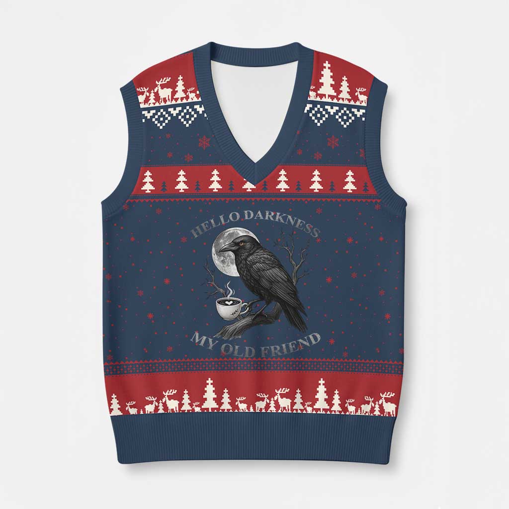 Funny Crow Coffee V-Neck Knit Sweater Vest Raven Spooky Halloween Hello Darkness My Old Friend TS10 Navy Red Print Your Wear