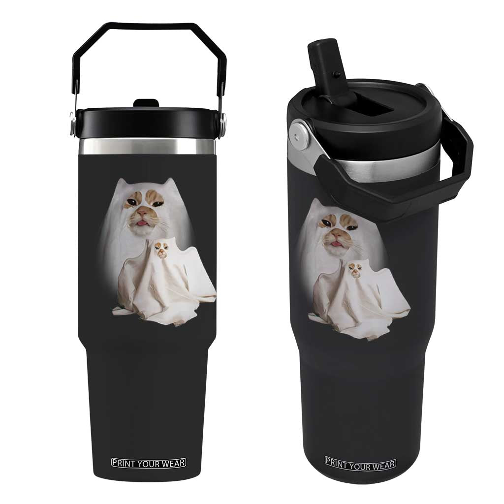 Funny Halloween Ghost Cat Meme Flip Straw Tumbler TS10 One Size: 30 oz Black Print Your Wear