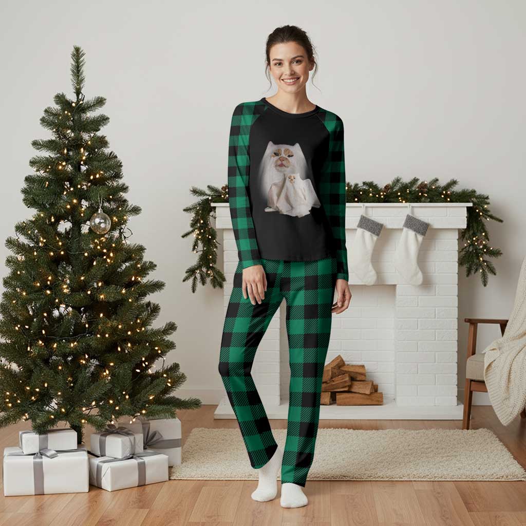 Funny Halloween Ghost Cat Meme Plaid Pajama Set TS10 Green Plaid Print Your Wear