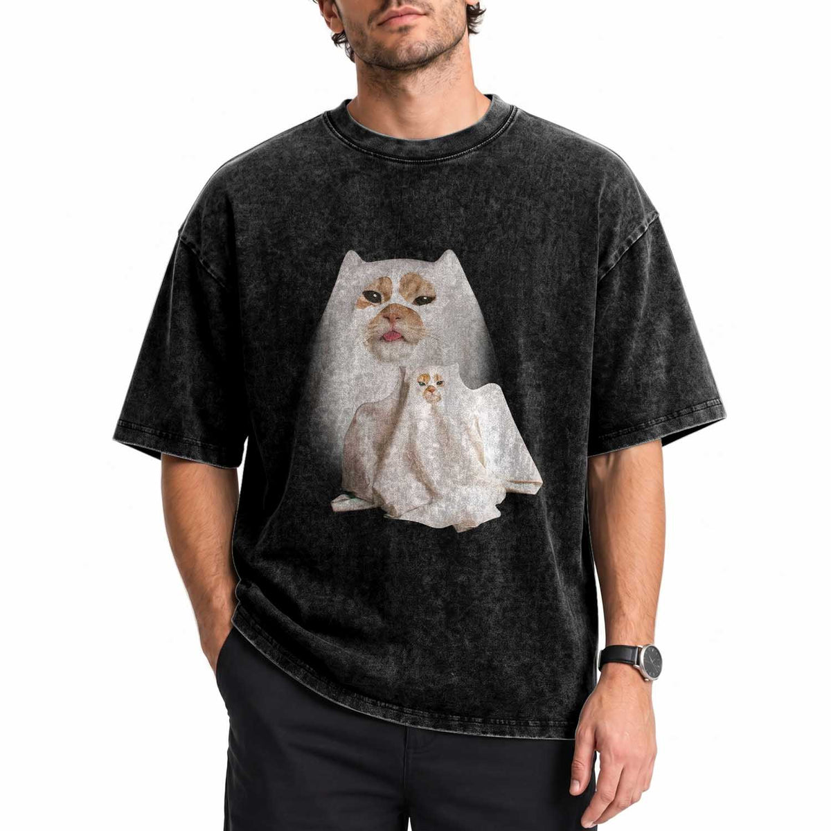 Funny Halloween Ghost Cat Meme Washed Cotton T-Shirt