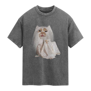 Funny Halloween Ghost Cat Meme Washed Cotton T-Shirt