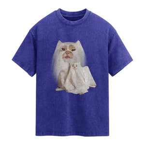Funny Halloween Ghost Cat Meme Washed Cotton T-Shirt
