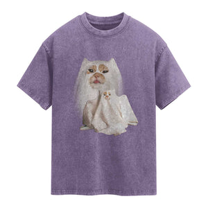 Funny Halloween Ghost Cat Meme Washed Cotton T-Shirt