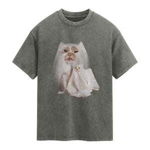 Funny Halloween Ghost Cat Meme Washed Cotton T-Shirt