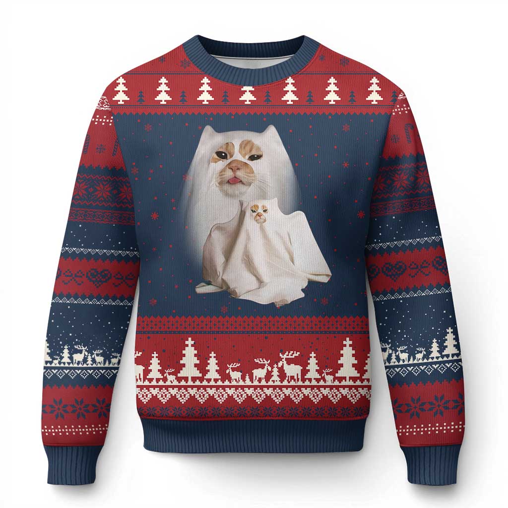 Funny Halloween Ghost Cat Meme Ugly Christmas Sweater TS10 Navy Red Print Your Wear