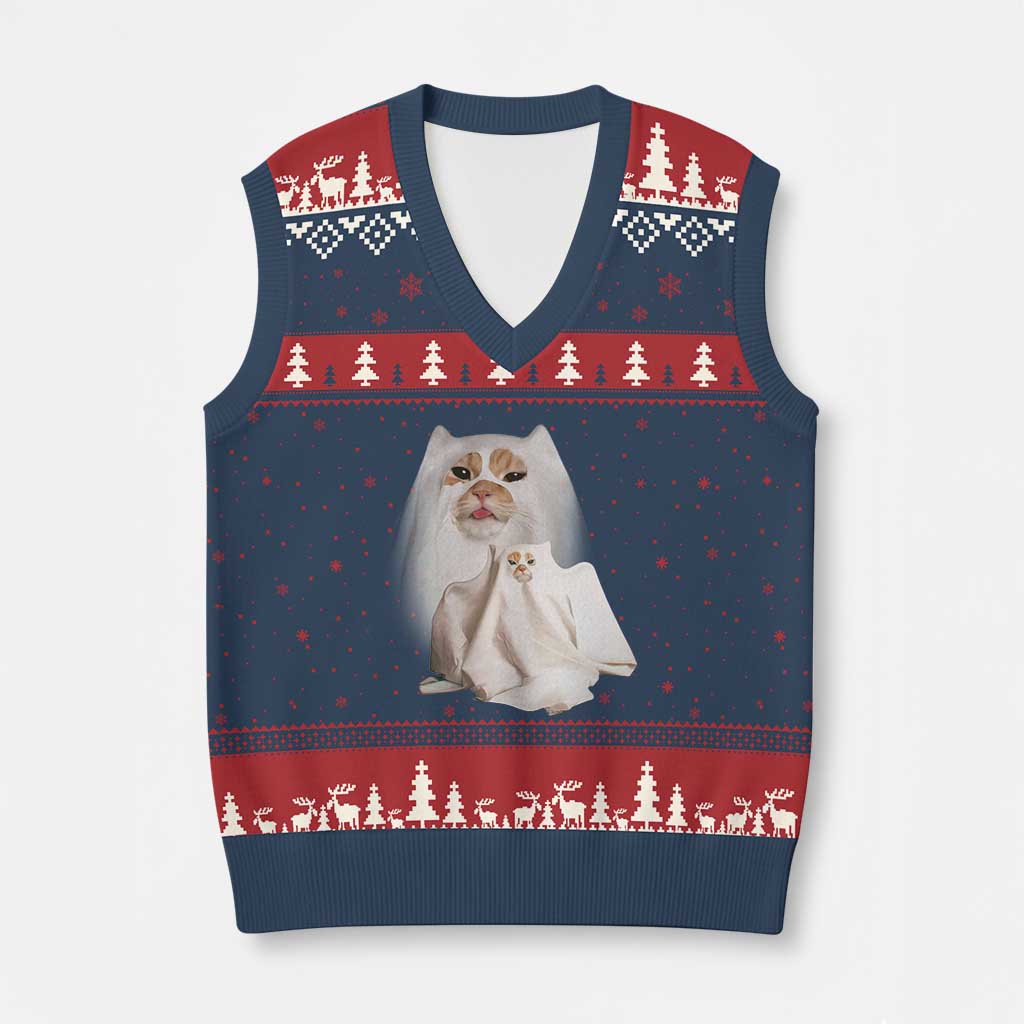 Funny Halloween Ghost Cat Meme V-Neck Knit Sweater Vest TS10 Navy Red Print Your Wear