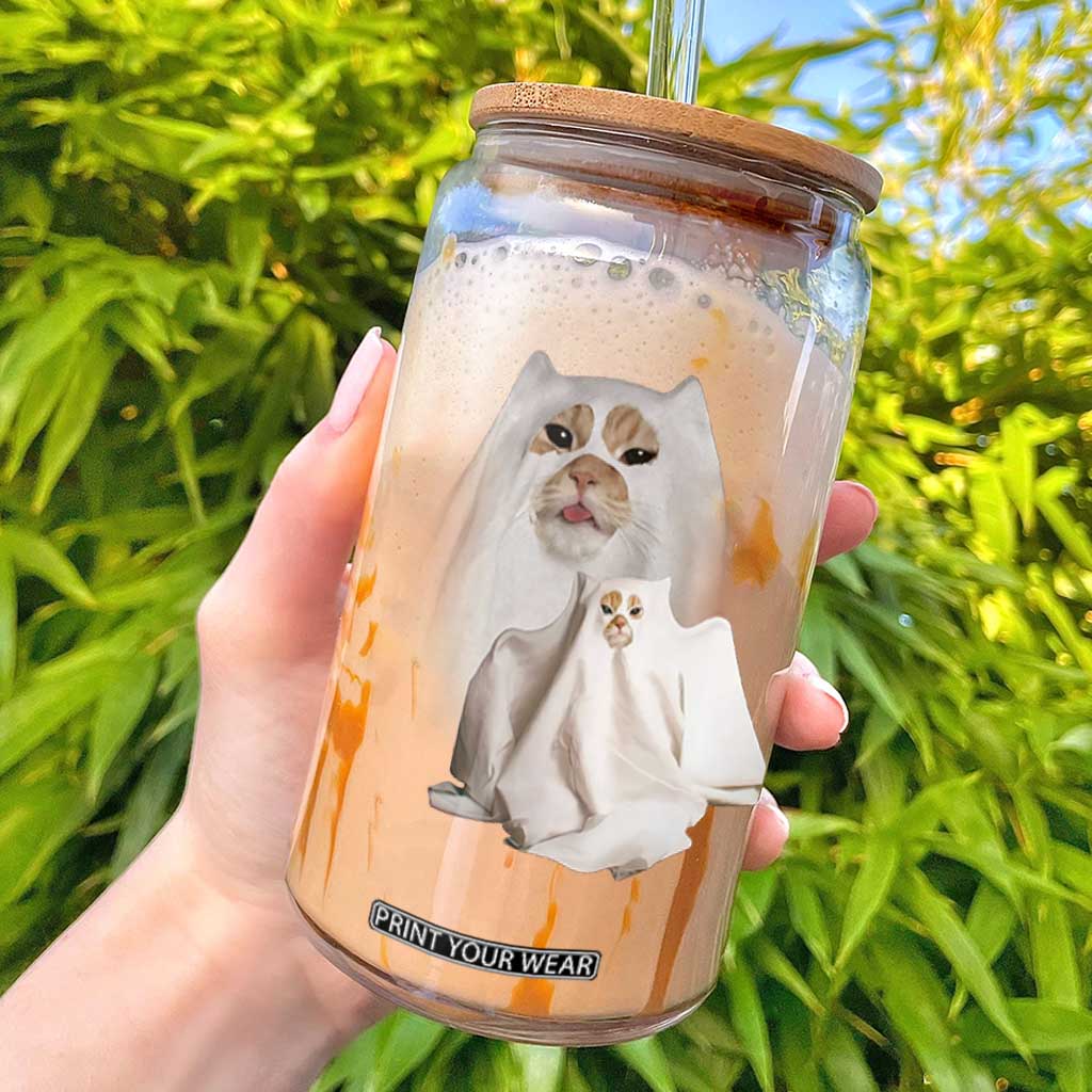 Funny Halloween Ghost Cat Meme Glass Can TS10 Black Print Your Wear