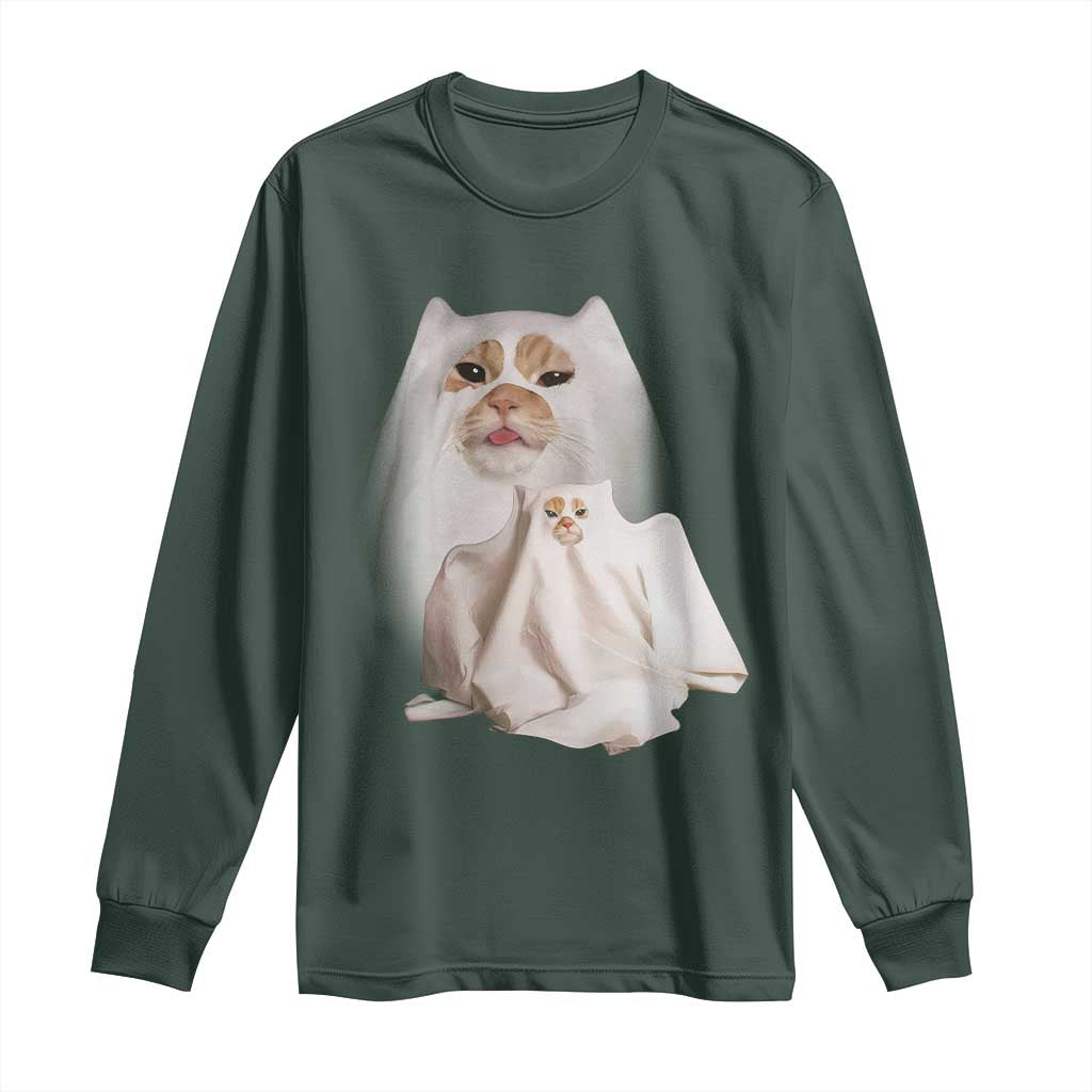 Funny Halloween Ghost Cat Meme Long Sleeve Shirt TS10 Dark Forest Green Print Your Wear