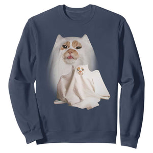 Funny Halloween Ghost Cat Meme Sweatshirt TS10 Navy Print Your Wear