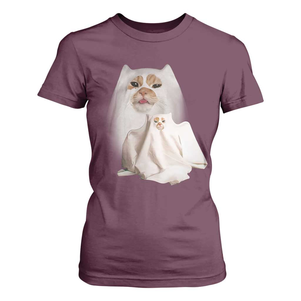 Funny Halloween Ghost Cat Meme T Shirt For Women TS10 Maroon Print Your Wear