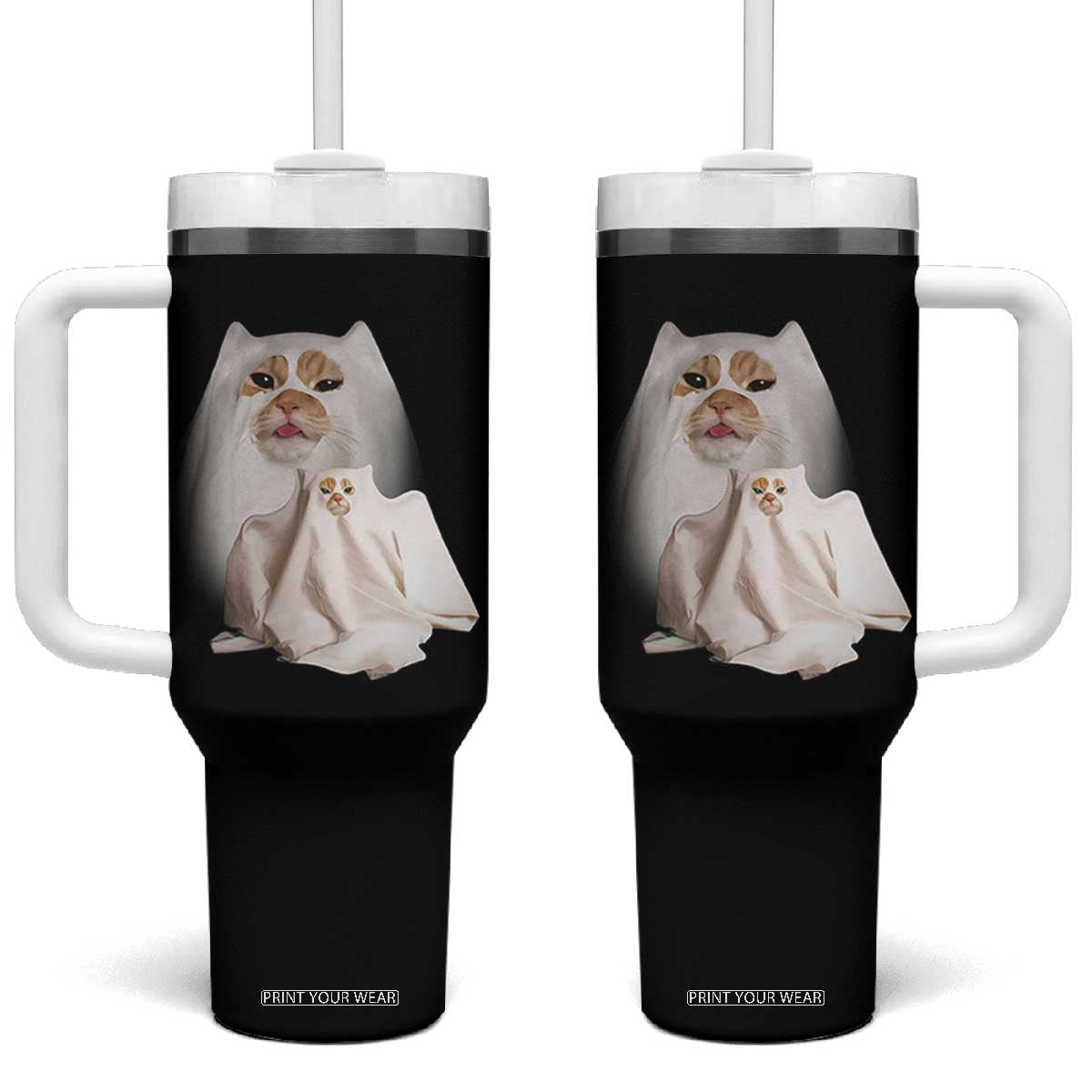 Funny Halloween Ghost Cat Meme Tumbler With Handle TS10 One Size: 40 oz Black Print Your Wear