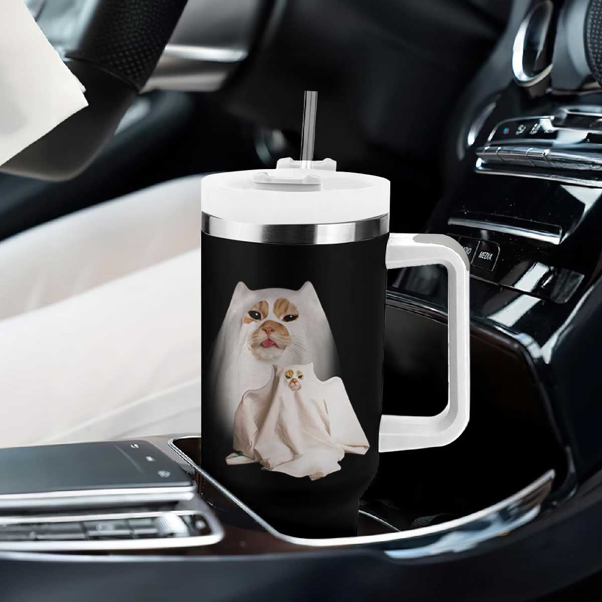 Funny Halloween Ghost Cat Meme Tumbler With Handle TS10 Print Your Wear