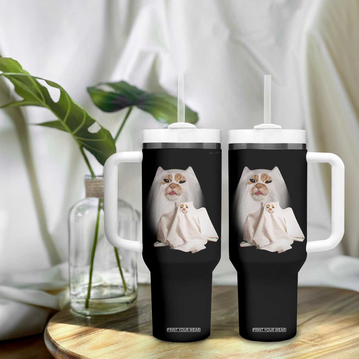 Funny Halloween Ghost Cat Meme Tumbler With Handle TS10 Print Your Wear