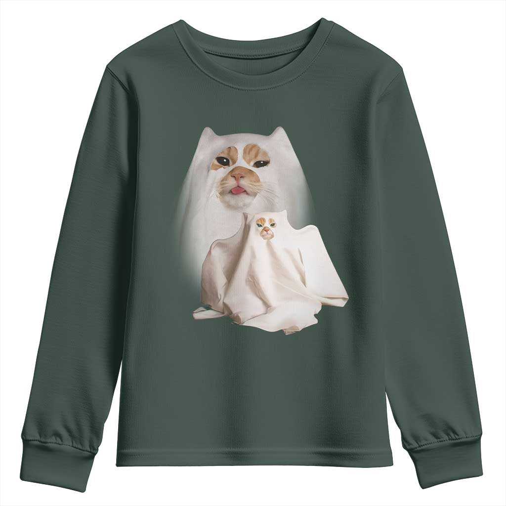 Funny Halloween Ghost Cat Meme Youth Sweatshirt TS10 Dark Forest Green Print Your Wear