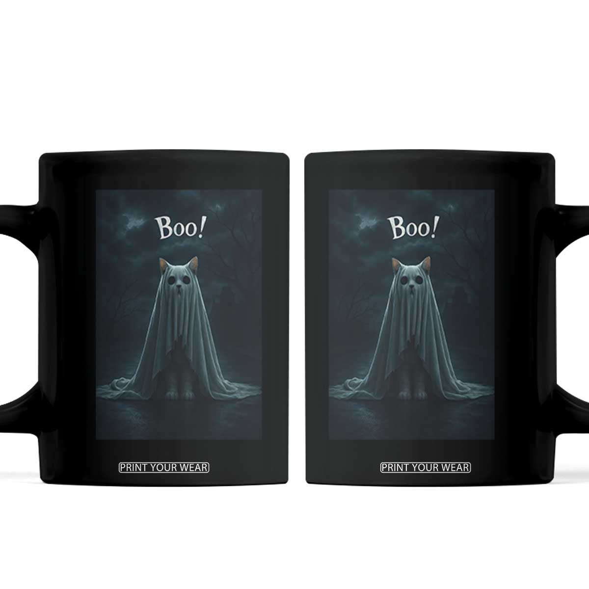 Cat Halloween Coffee Mug Spooky Season Ghost Kitten Haunted Mansion TS10 Black Print Your Wear