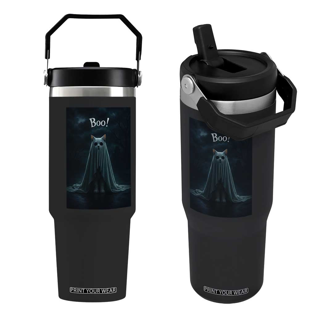 Cat Halloween Flip Straw Tumbler Spooky Season Ghost Kitten Haunted Mansion TS10 One Size: 30 oz Black Print Your Wear