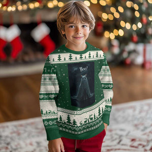 Cat Halloween Ugly Christmas Sweater Spooky Season Ghost Kitten Haunted Mansion TS10 Forest Green Beige Print Your Wear