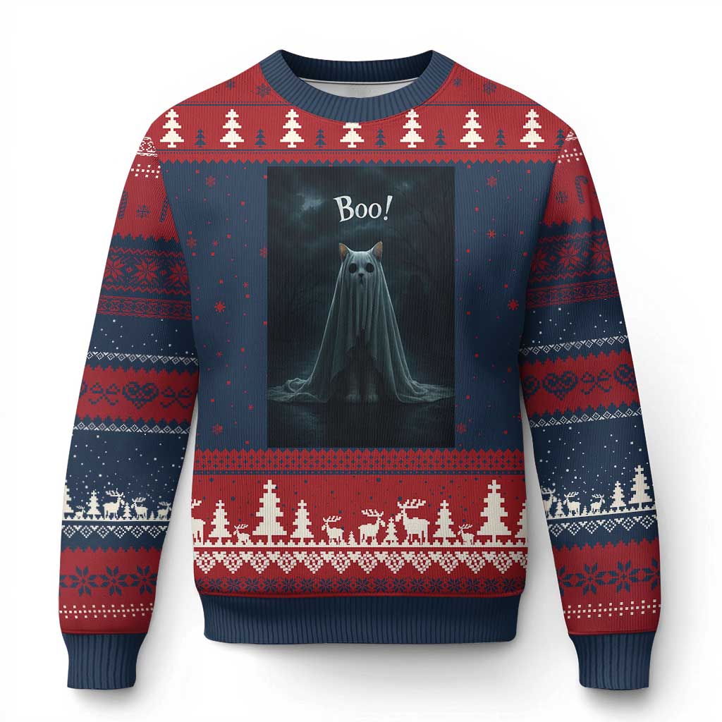 Cat Halloween Ugly Christmas Sweater Spooky Season Ghost Kitten Haunted Mansion TS10 Navy Red Print Your Wear