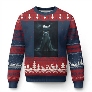Cat Halloween Ugly Christmas Sweater Spooky Season Ghost Kitten Haunted Mansion TS10 Navy Red Print Your Wear