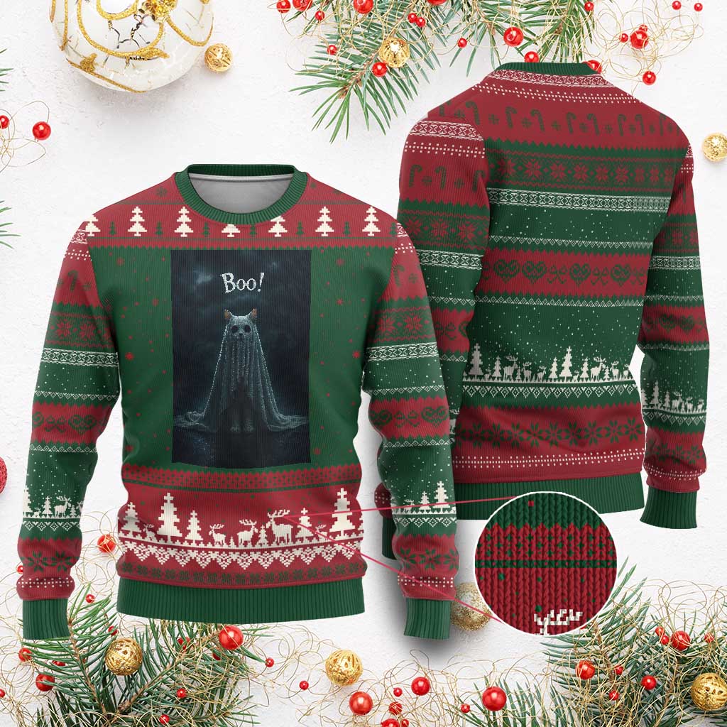 Cat Halloween Ugly Christmas Sweater Spooky Season Ghost Kitten Haunted Mansion TS10 Red Green Print Your Wear