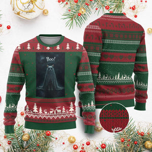 Cat Halloween Ugly Christmas Sweater Spooky Season Ghost Kitten Haunted Mansion TS10 Red Green Print Your Wear