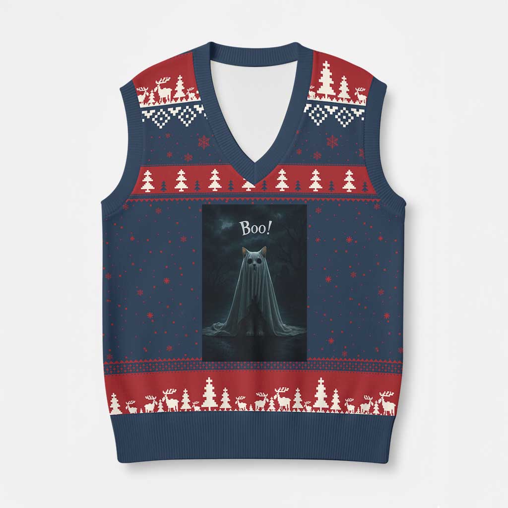 Cat Halloween V-Neck Knit Sweater Vest Spooky Season Ghost Kitten Haunted Mansion TS10 Navy Red Print Your Wear