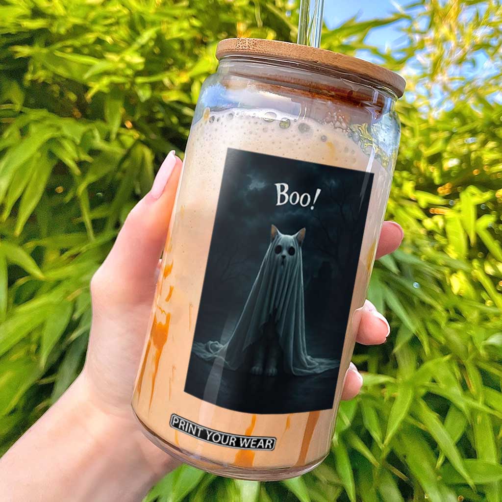 Cat Halloween Glass Can Spooky Season Ghost Kitten Haunted Mansion TS10 Black Print Your Wear
