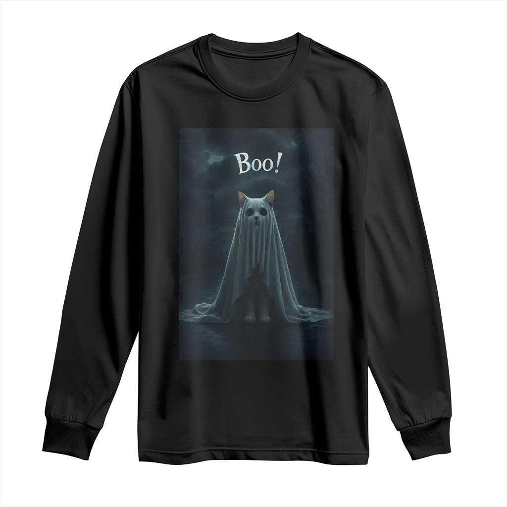 Cat Halloween Long Sleeve Shirt Spooky Season Ghost Kitten Haunted Mansion TS10 Black Print Your Wear