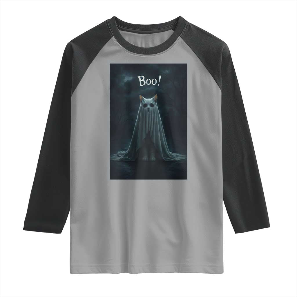 Cat Halloween Raglan Shirt Spooky Season Ghost Kitten Haunted Mansion TS10 Sport Gray Black Print Your Wear