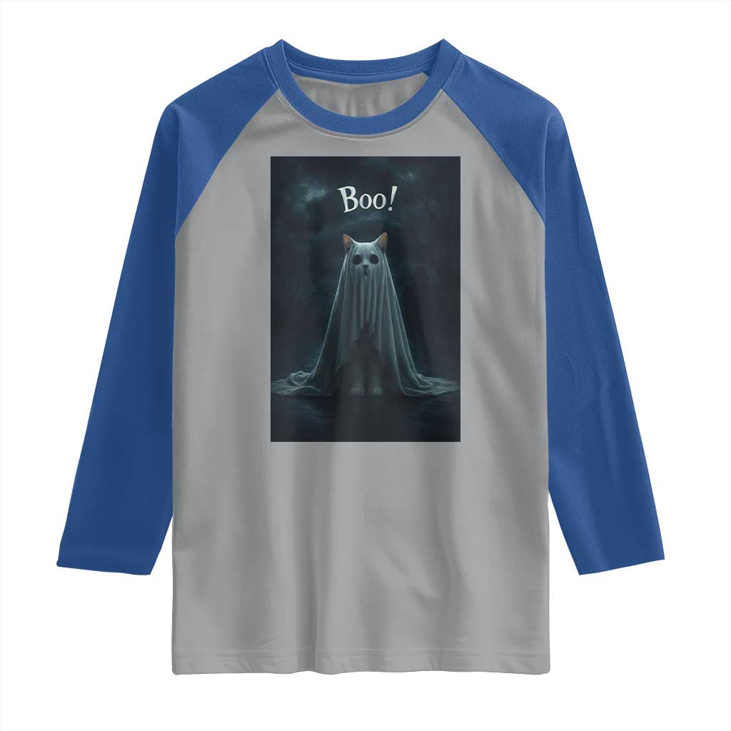 Cat Halloween Raglan Shirt Spooky Season Ghost Kitten Haunted Mansion TS10 Sport Gray Royal Print Your Wear