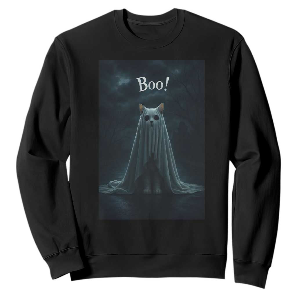 Cat Halloween Sweatshirt Spooky Season Ghost Kitten Haunted Mansion TS10 Black Print Your Wear