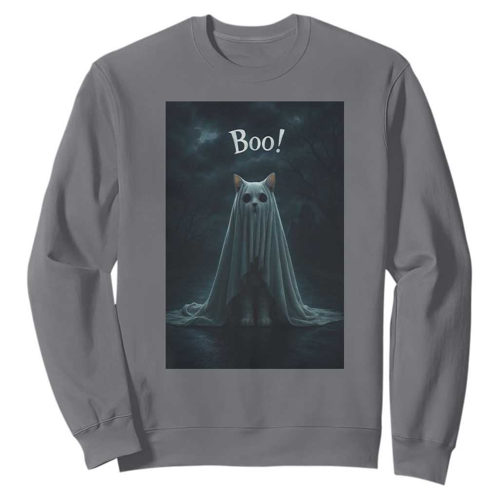 Cat Halloween Sweatshirt Spooky Season Ghost Kitten Haunted Mansion TS10 Charcoal Print Your Wear