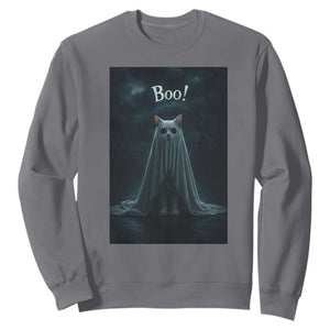Cat Halloween Sweatshirt Spooky Season Ghost Kitten Haunted Mansion TS10 Charcoal Print Your Wear