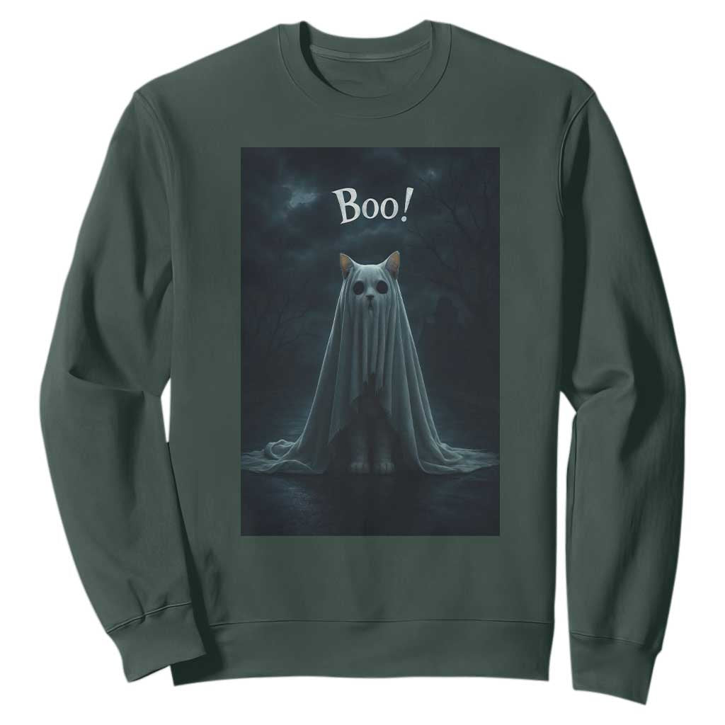 Cat Halloween Sweatshirt Spooky Season Ghost Kitten Haunted Mansion TS10 Dark Forest Green Print Your Wear