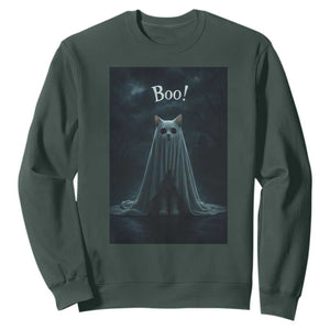 Cat Halloween Sweatshirt Spooky Season Ghost Kitten Haunted Mansion TS10 Dark Forest Green Print Your Wear