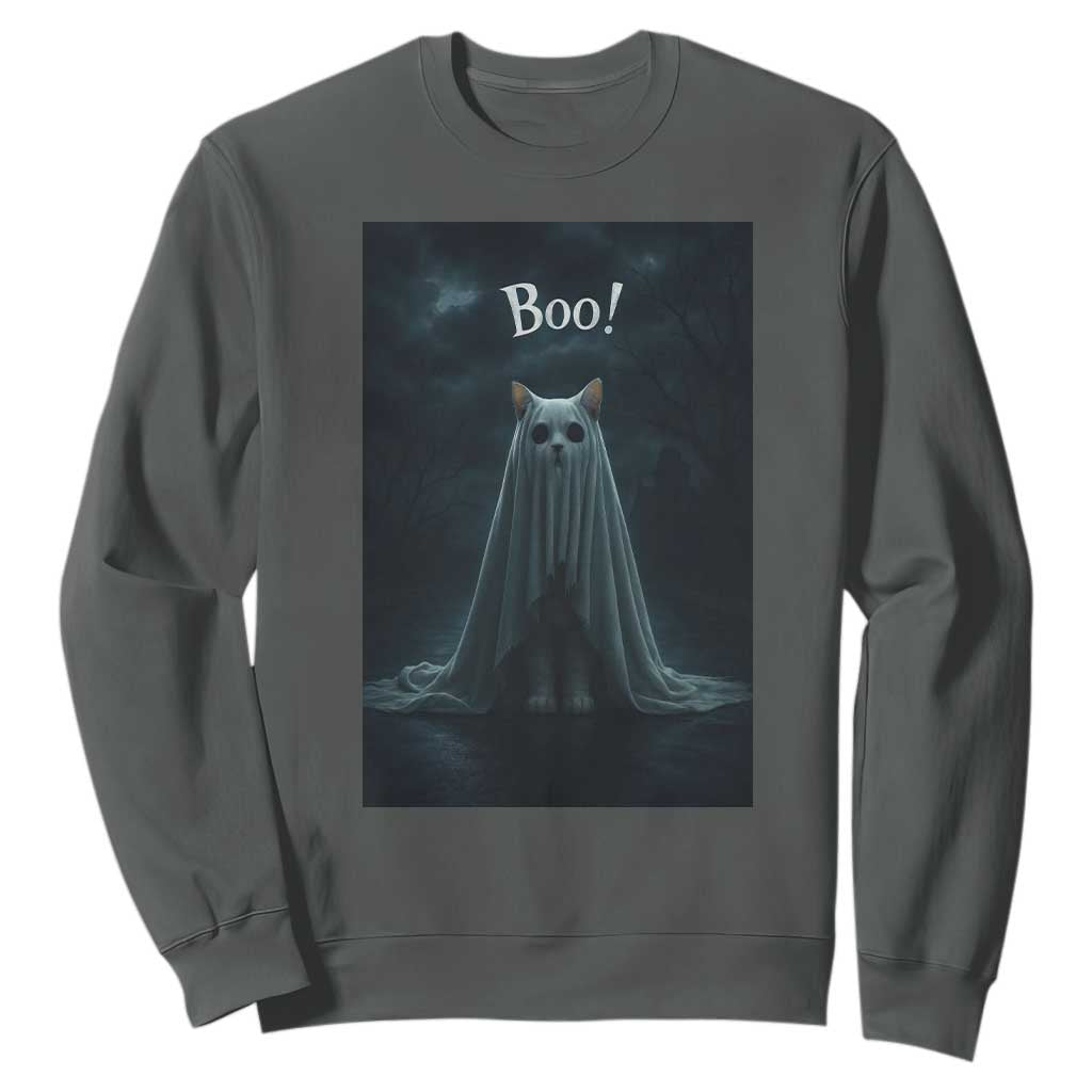Cat Halloween Sweatshirt Spooky Season Ghost Kitten Haunted Mansion TS10 Dark Heather Print Your Wear