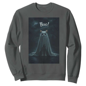 Cat Halloween Sweatshirt Spooky Season Ghost Kitten Haunted Mansion TS10 Dark Heather Print Your Wear