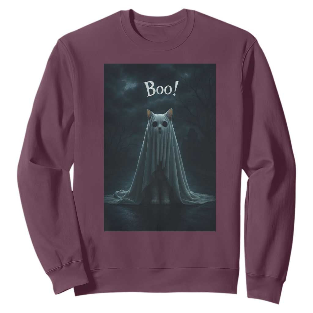 Cat Halloween Sweatshirt Spooky Season Ghost Kitten Haunted Mansion TS10 Maroon Print Your Wear