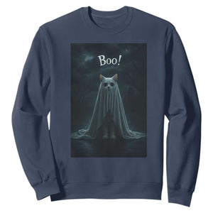 Cat Halloween Sweatshirt Spooky Season Ghost Kitten Haunted Mansion TS10 Navy Print Your Wear