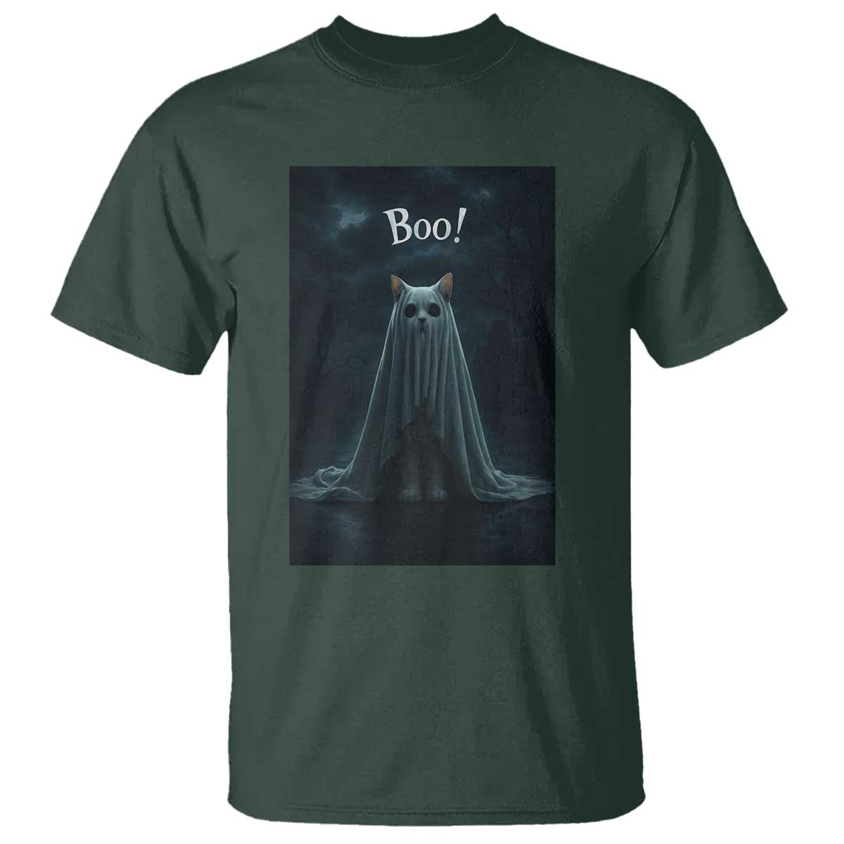 Cat Halloween T Shirt Spooky Season Ghost Kitten Haunted Mansion TS10 Dark Forest Green Print Your Wear