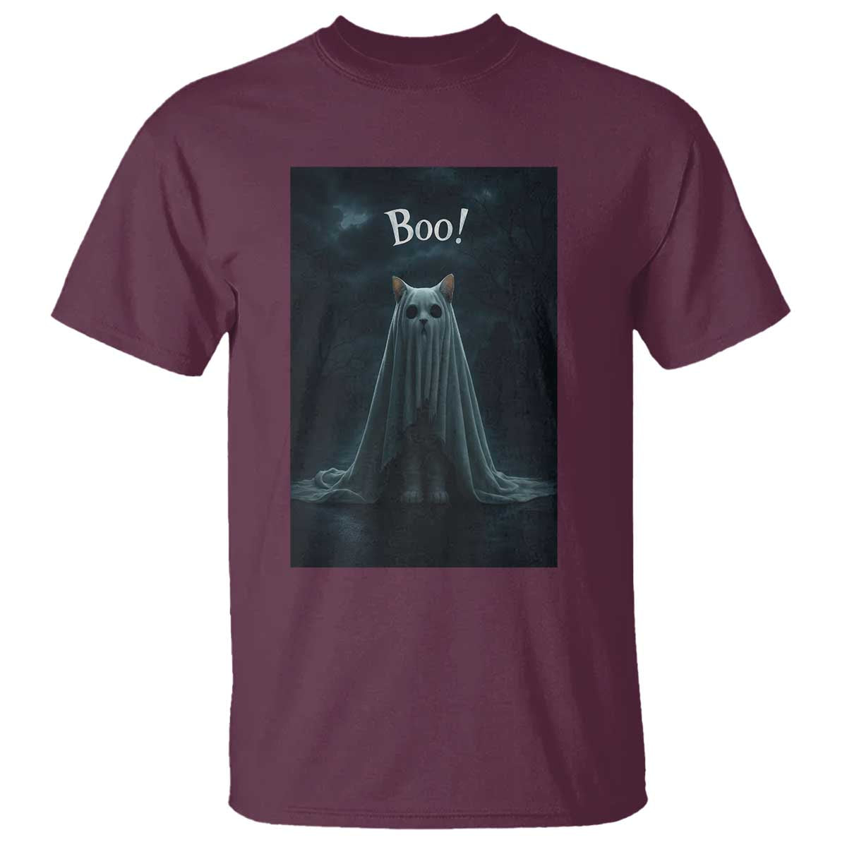 Cat Halloween T Shirt Spooky Season Ghost Kitten Haunted Mansion TS10 Maroon Print Your Wear